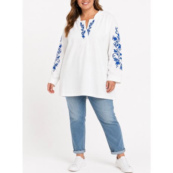 Woman Within Sweaters - Woman Within White Embroidered Floral Hoodie Tunic 2X Blue Split Neck Sweatshirt